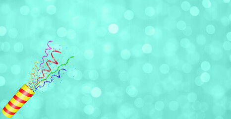 Aufkleber - Party popper with flying confetti. Yellow and red firecracker explodes with serpentine. Birthday and anniversary banner with blured festive aquamarine background