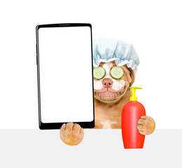 Wall Mural - Mastiff puppy with shower cap on it head with pieces of cucumber on it eyes and with cream on it face holds smartphone with white blank screen in it paw above empty white banner. isolated on white