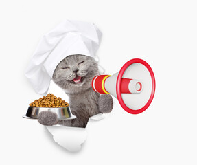 Poster - Happy cat wearing chefs hat looking through the hole in white paper meowing into the megaphone and shows empty bowl