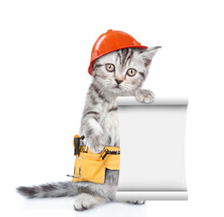 Poster - Funny cat wearing hardhat and toolbelt shows empty list.  Isolated on white background