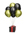 Flying black present box with red ribbon bow or gift box with black and golden balloons. Isolated on white background. 3D rendering