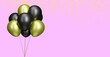 Bunch of black and gold balloons on pink background with confetti. 3D rendering. Empty space for text