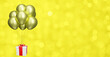 flying gift box with yellow balloons on blurred yellow background. Empty space for text. 3d rendering