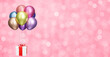 Flying gift box with multicolored shiny balloons on blurred pink background. 3d rendering. Empty space for text