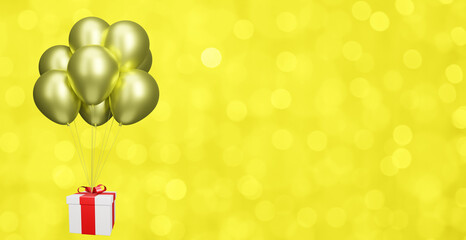 Aufkleber - flying gift box with yellow balloons on blurred yellow background. Empty space for text. 3d rendering