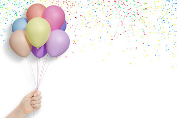 Poster - Female hand holds bunch of colorful balloons on white background with confetti. Empty space for text
