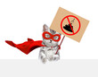 Cute kitten wearing superhero costume holds sign 