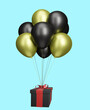 Flying black present box with red ribbon bow or gift box with black and golden balloons on blue background. 3D rendering