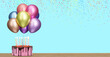 Birthday cake with bunch of colorful balloonson blue background with confetti. Empty space for text