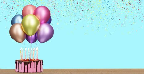 Aufkleber - Birthday cake with bunch of colorful balloonson blue background with confetti. Empty space for text