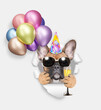 Cute French bulldog puppy wearing party cap and sunglasses holding colorful balloons and glass of champagne and looking through the hole in white paper