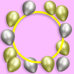 Aufkleber - Golden frame with gold and silver balloons on pink background. Empty space for text. 3d rendering