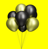 Fototapeta Psy - Bunch of black and gold balloons. isolated on yellow background. 3D rendering