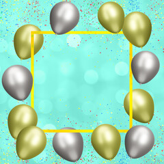 Aufkleber - Yellow frame with gold and silver balloons on blurred green background with confetti. Empty space for text. 3d rendering