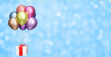 Aufkleber - Flying gift box with multicolored shiny balloons on blurred blue background with confetti. 3d rendering. Empty space for text
