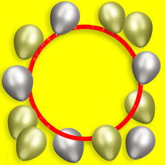 Aufkleber - Red round frame with gold and silver balloons on yellow background. Empty space for text. 3d rendering