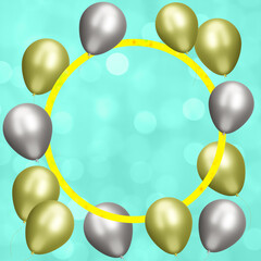 Aufkleber - Golden frame with gold and silver balloons on blurred aquamarine background. Empty space for text. 3d rendering