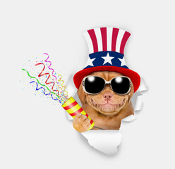 Aufkleber - Happy Mastiff puppy wearing like Uncle Sam explodes a firecracker through the hole in white paper
