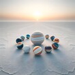 Marbles painted with planets were placed there to form circles on the vast and empty white desert.