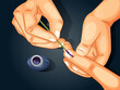 Vector illustration of an electoral officer applying electoral stain ink on the index finger. Vector of blue finger in Election ink bottle. Election and Social Poll Concept