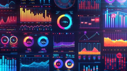 Poster - A background filled with colorful charts, graphs, and data visualizations representing business analytics and performance.