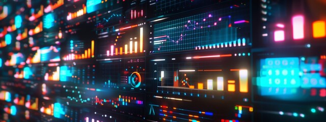 Poster - A background filled with colorful charts, graphs, and data visualizations representing business analytics and performance.