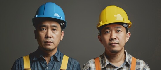 Two male workers, dressed in overalls and hard hats, are smiling and posing for a picture at a construction site