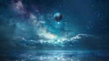 A Surreal And Dreamy Podium Featuring A Lone Hot Air Balloon Floating Through A Sea Of Stars And Constellations Inviting Viewers To . .