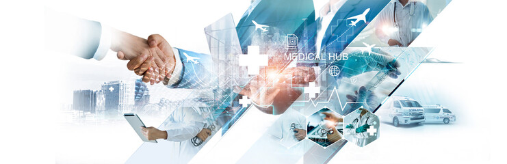 Wall Mural - Medical hub, Healthcare business, Health tourism and international medical travel insurance. Medical business cooperation. Healthcare and medicine on global network.