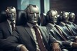 A group of men in suits and ties are wearing robotic masks