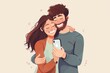 Happy young couple, woman and man hugging, using smartphone together. Social media concept, Generative AI 