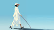 A dignified elderly woman exudes confidence and grace, her poise undiminished by age, as she takes a leisurely stroll with her guide cane against a soft blue backdrop.