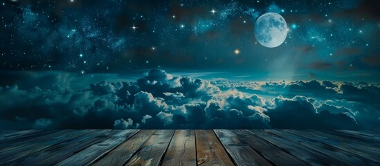 Wall Mural - A rustic wooden floor is illuminated under a captivating night sky filled with stars and a crescent moon