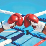 Fototapeta  - In the boxing ring, the fighters gloves met with a thud, each punch a closeup of raw strength and strategy