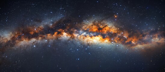 Wall Mural - vibrant and colorful, a galaxy with a luminous mix of orange and blue hues, scattered with numerous 