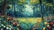 Realistic pop art forest clearing bursting with wildflowers, contrasting colors, stylized flowers, and realistic textures