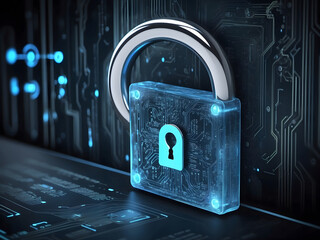 Fototapete - A hyper-realistic image showcasing the concept of cybersecurity and privacy to protect data center, focusing on a robust lock icon symbolizing security lock design.