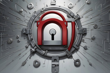 Fototapete - A hyper-realistic image showcasing the concept of cybersecurity and privacy to protect data center, focusing on a robust lock icon symbolizing security lock design.