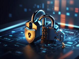 Fototapete - A hyper-realistic image showcasing the concept of cybersecurity and privacy to protect data center, focusing on a robust lock icon symbolizing security lock design.