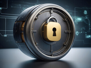 Fototapete - A hyper-realistic image showcasing the concept of cybersecurity and privacy to protect data center, focusing on a robust lock icon symbolizing security lock design.