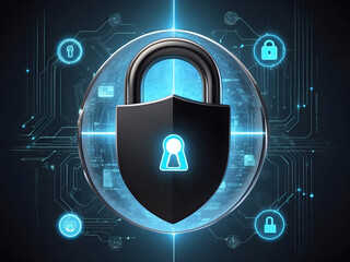 Fototapete - A hyper-realistic image showcasing the concept of cybersecurity and privacy to protect data center, focusing on a robust lock icon symbolizing security lock design.
