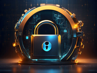 Fototapete - A hyper-realistic image showcasing the concept of cybersecurity and privacy to protect data center, focusing on a robust lock icon symbolizing security lock design.