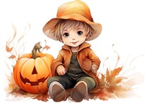 Cute Little Boy In Halloween Costume With Pumpkin. Vector Illustration.