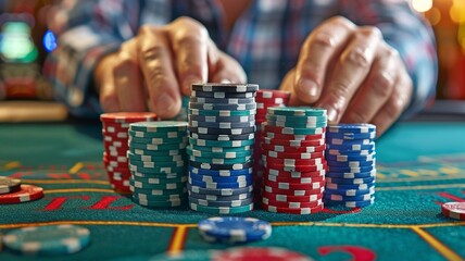 An image of a poker game is shown at a casino table, with a man's hands holding a stack of chips.