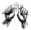 Hands breaking pencil. Hand drawn retro styled black and white illustration