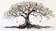 Artistic tree illustration with human faces on leaves and fruits, symbolizing family tree and heritage.