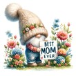 A cute cartoon gnome wearing a hat with flowers on it and holding a sign that says 