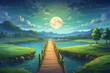 Wooden bridge crossing the river with green grass on land in night with stars and full moon. In anime style