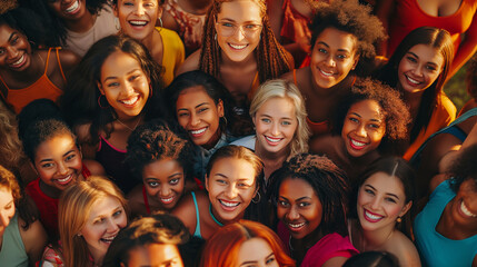 diverse group of happy women smiling and looking high up into camera, bonding together, drone view, 