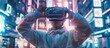Witness the future of technology unfold as a young man immerses himself in a virtual reality experience, wearing a VR headset and playfully adjusting his goggles in a futuristic cyber world, symbolizi